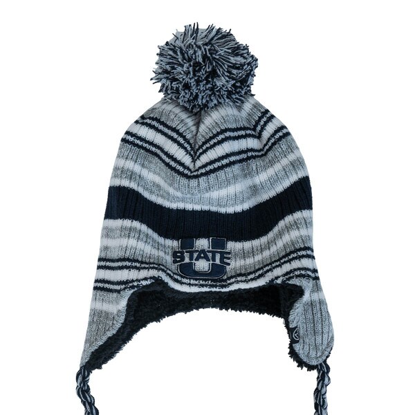 Gray, Navy, Striped, U-State, Beanie, Earflaps, Pom Pom
